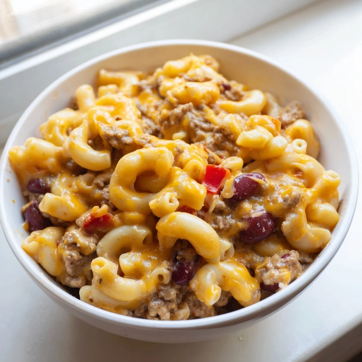 A hearty bowl of Turkey Chili Mac and Cheese featuring ground turkey, macaroni, and beans, steam rising from the surface.