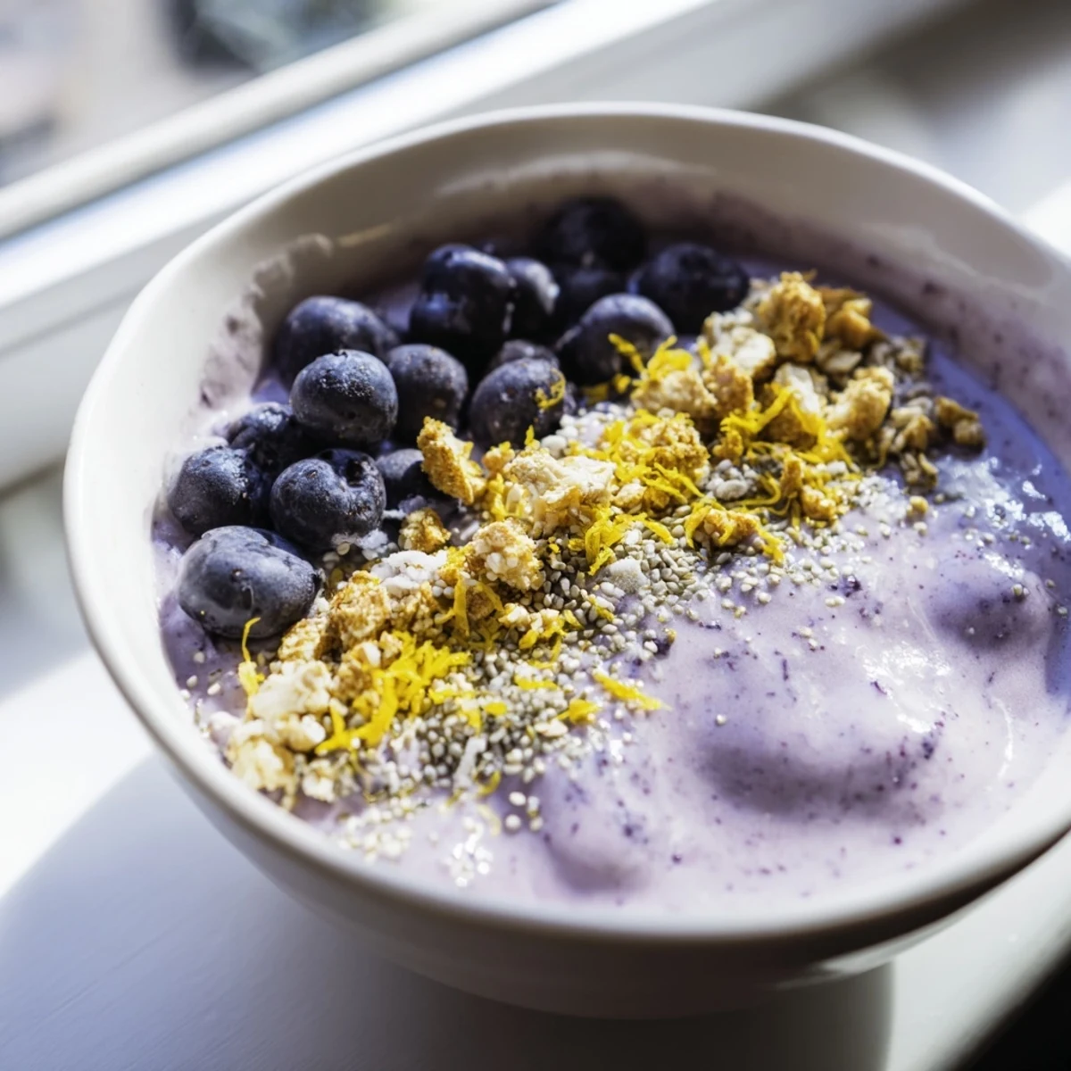 Vibrant Lemon Blueberry Smoothie Bowl topped with crunchy granola and fresh blueberries for a healthy breakfast.