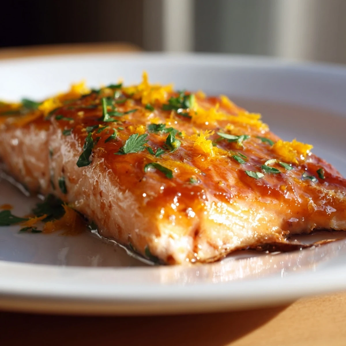 The baked salmon fillet glistens with a bright orange glaze, garnished with fresh parsley on a rustic platter.