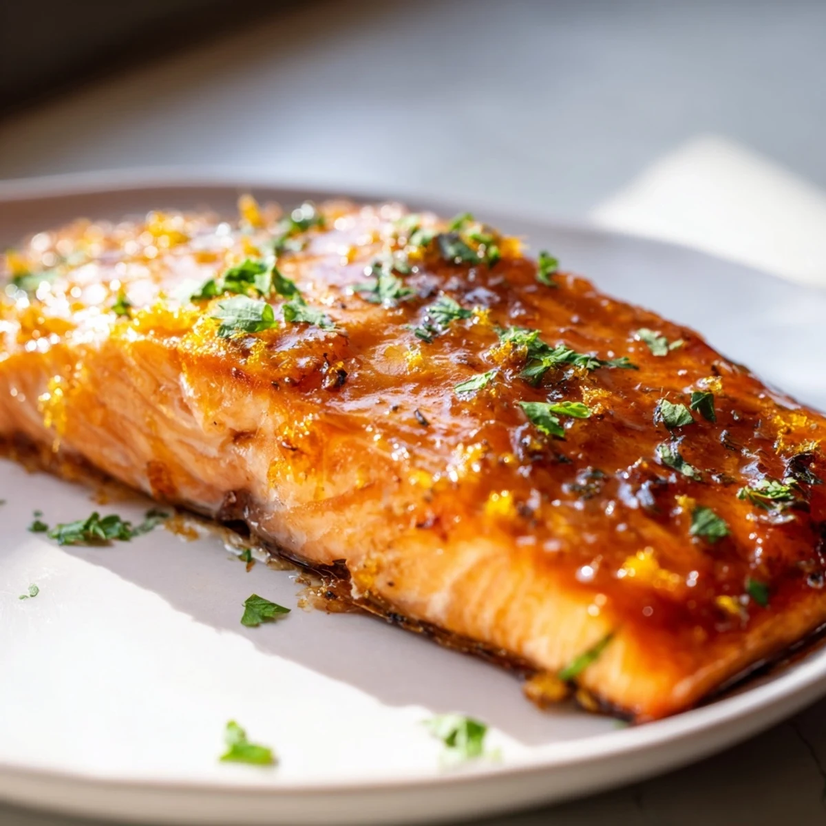 Golden-brown baked salmon fillets topped with a sticky orange glaze are served alongside green asparagus spears.