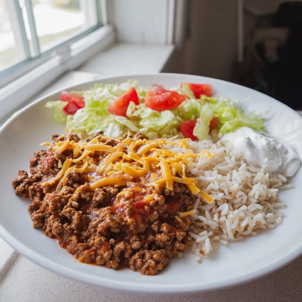 Sliced Beef Burritos with rice, lettuce, and sour cream displayed on a bright white plate.  