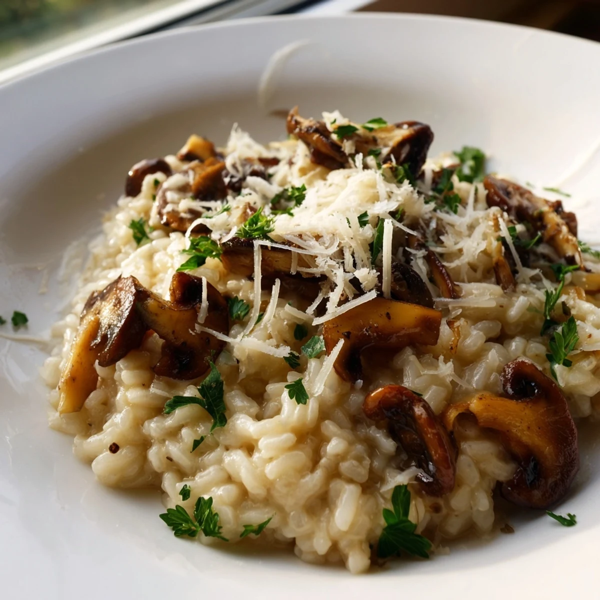 Rich Date Night Mushroom Risotto served in a shallow bowl, topped with grated parmesan and herbs.  