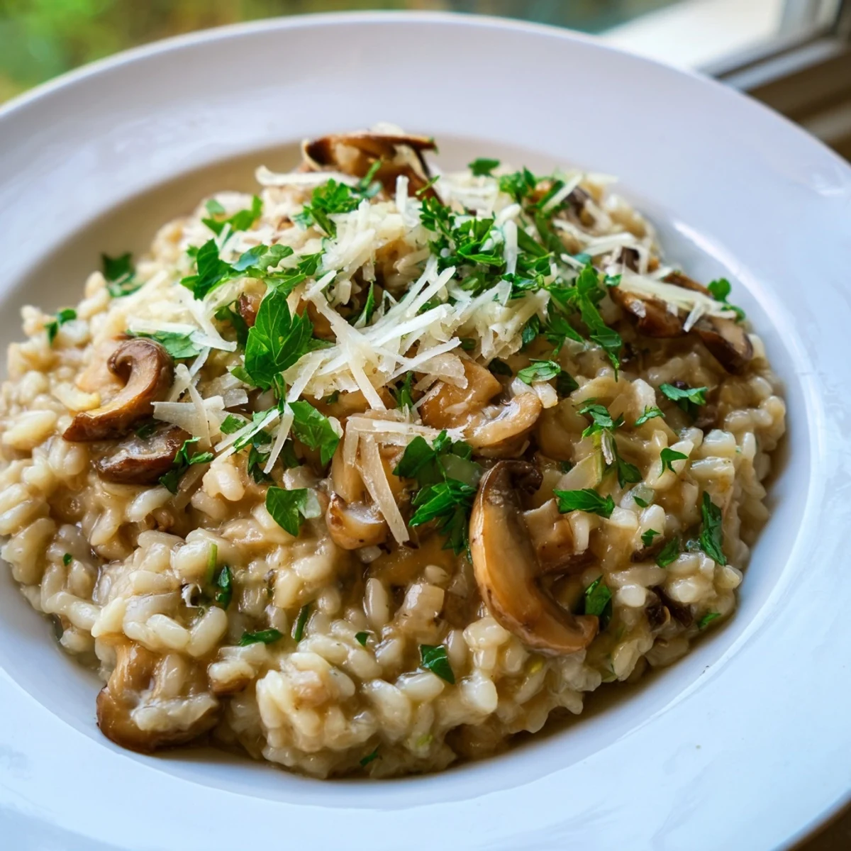 A close-up of creamy Date Night Mushroom Risotto with sautéed mushrooms and fresh parsley garnish.  