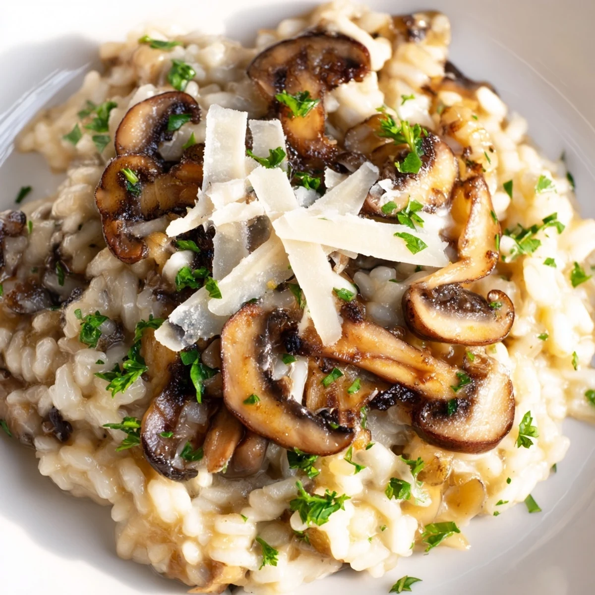 Steaming Date Night Mushroom Risotto with earthy mushrooms and a drizzle of olive oil in a rustic setting.