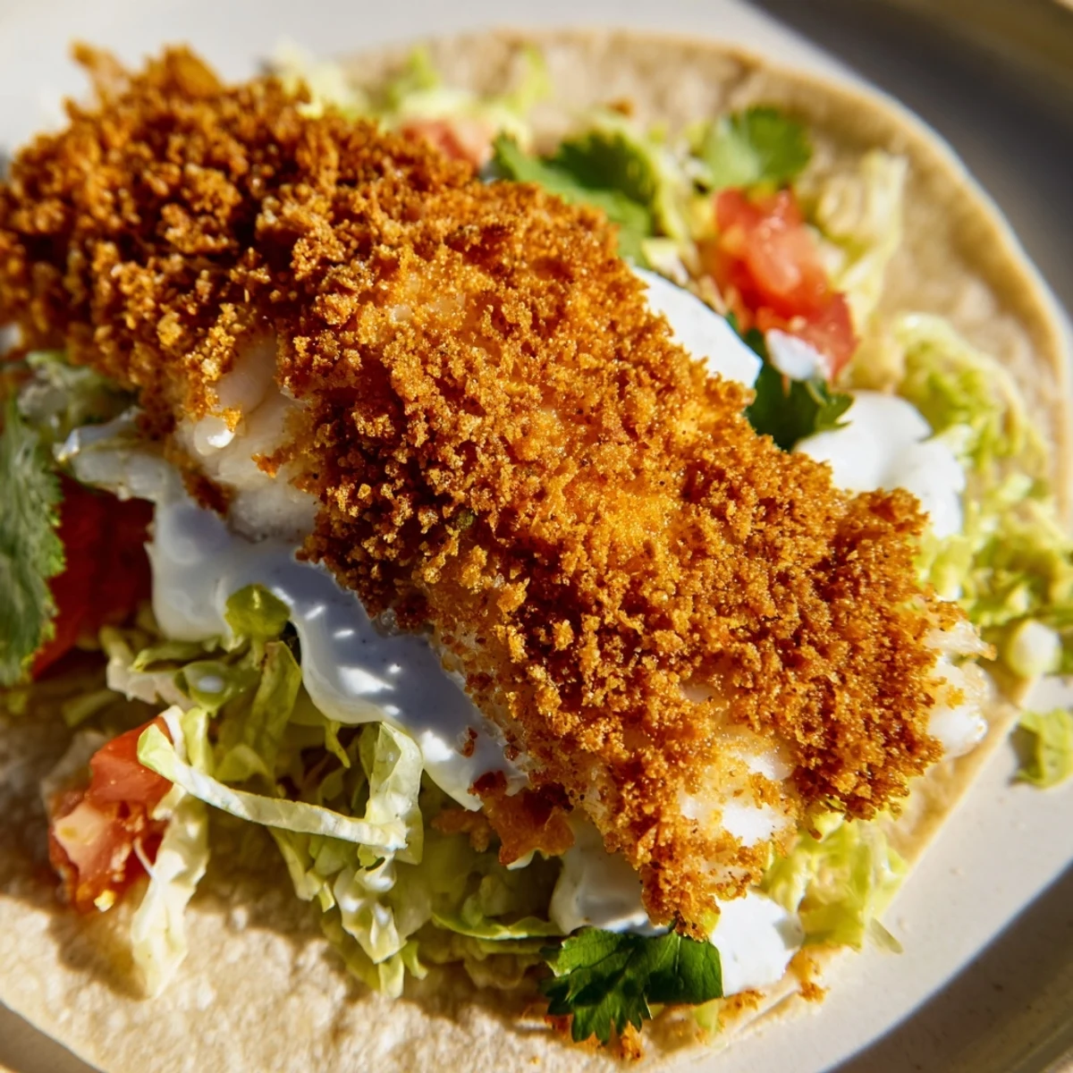 Crispy battered fish strips nestled in warm tortillas with shredded cabbage, tomatoes, and a drizzle of zesty crema.