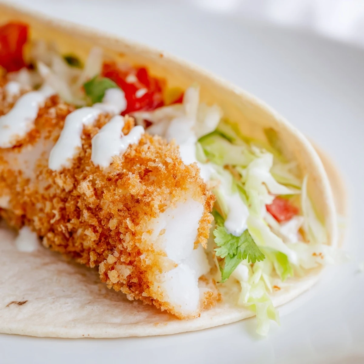 A close-up of panko-crusted fillets inside soft tortillas, topped with red onion and jalapeños for a spicy kick.