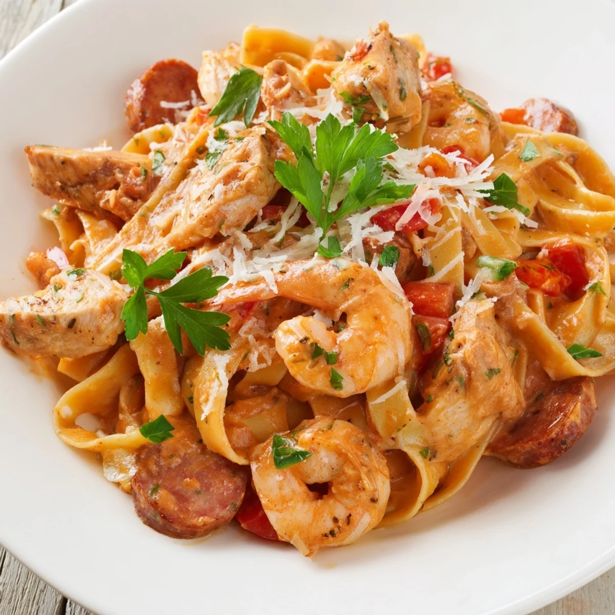 Golden fettuccine noodles coated in creamy Cajun jambalaya pasta sauce, with shrimp, chicken, and andouille sausage.