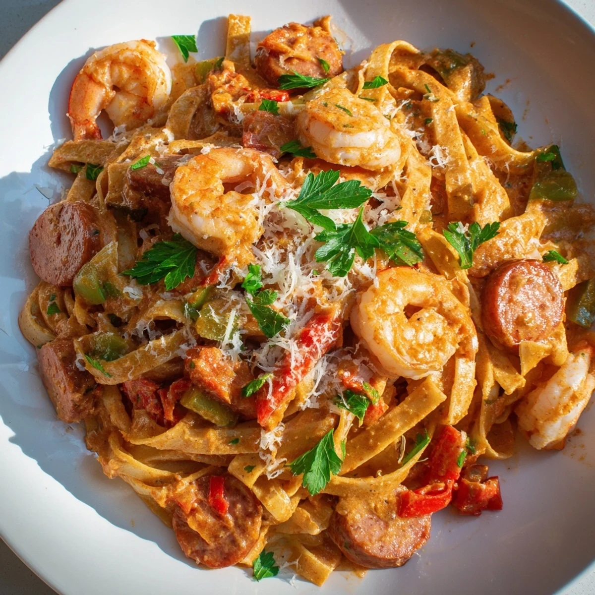 A close-up of Cajun jambalaya pasta in a white bowl, garnished with fresh parsley and grated Parmesan.