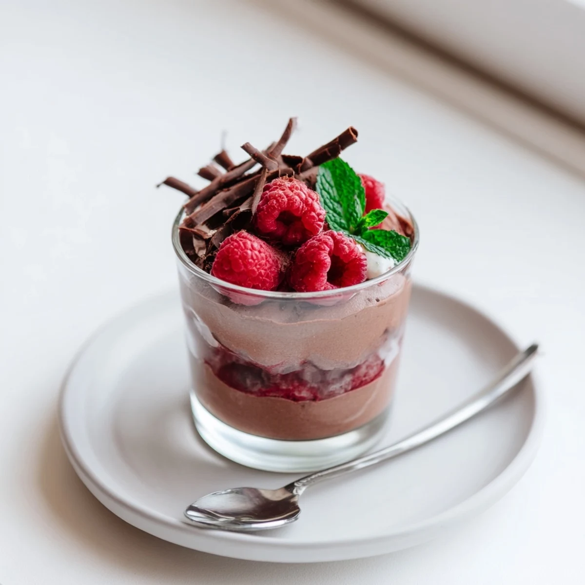 Creamy chocolate raspberry mousse cups layered with tart berry purée and topped with fresh raspberries and chocolate curls.