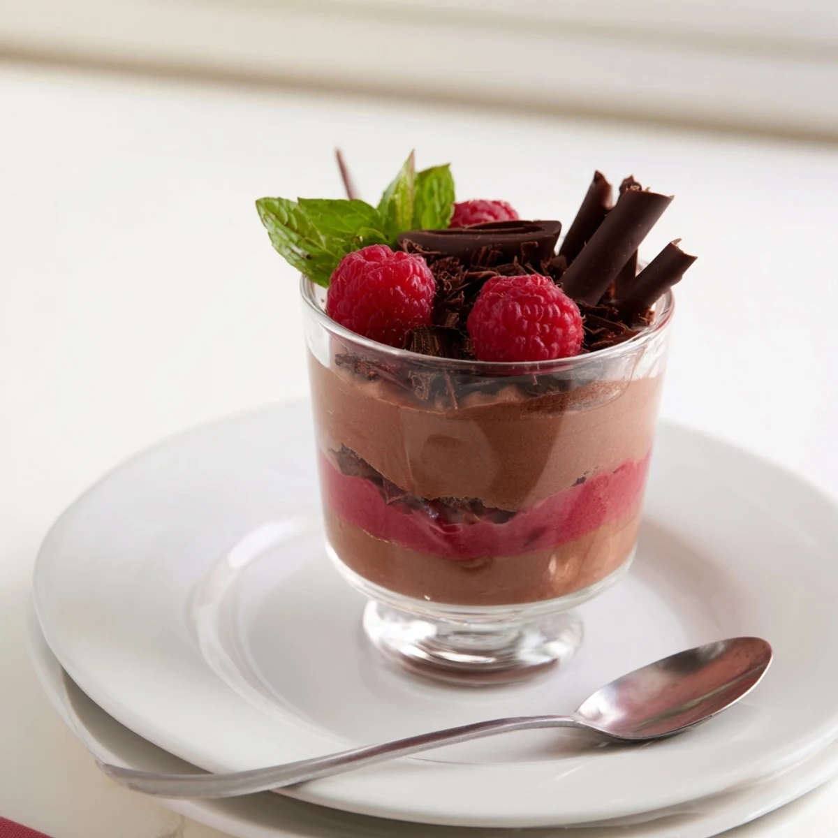 Elegant chocolate raspberry mousse cups feature silky layers and a dusting of chocolate shavings on a marble counter.