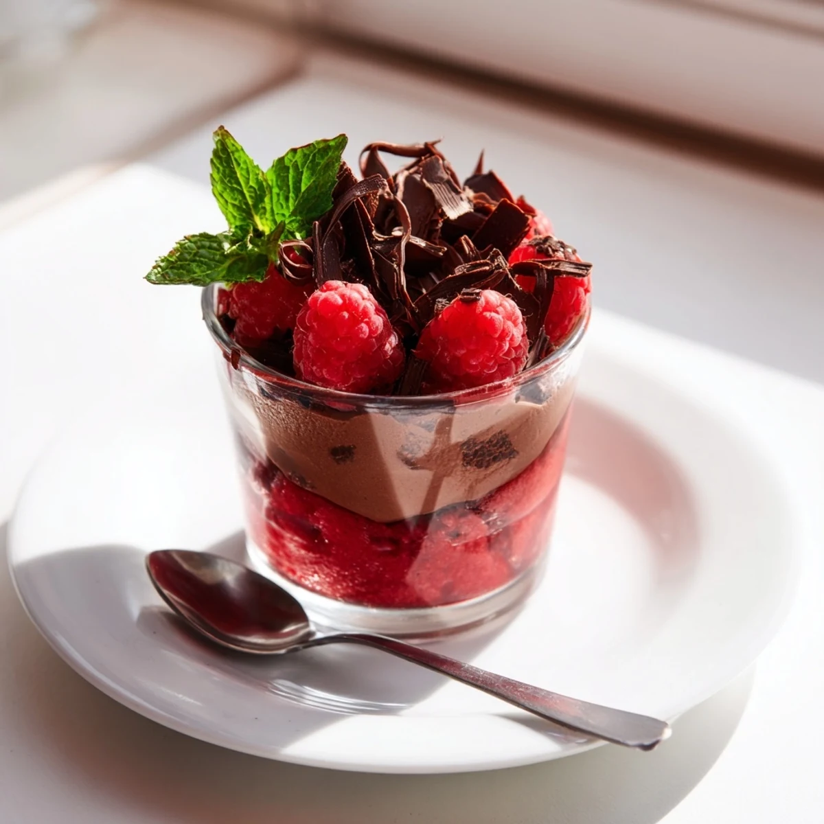 Airy chocolate raspberry mousse cups in clear glasses, garnished with fresh berries and mint for a French-inspired dessert.