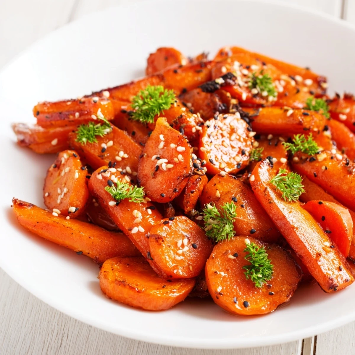 Golden roasted carrots with honey and cumin glaze served alongside a roasted chicken, fresh herbs scattered around the colorful meal.