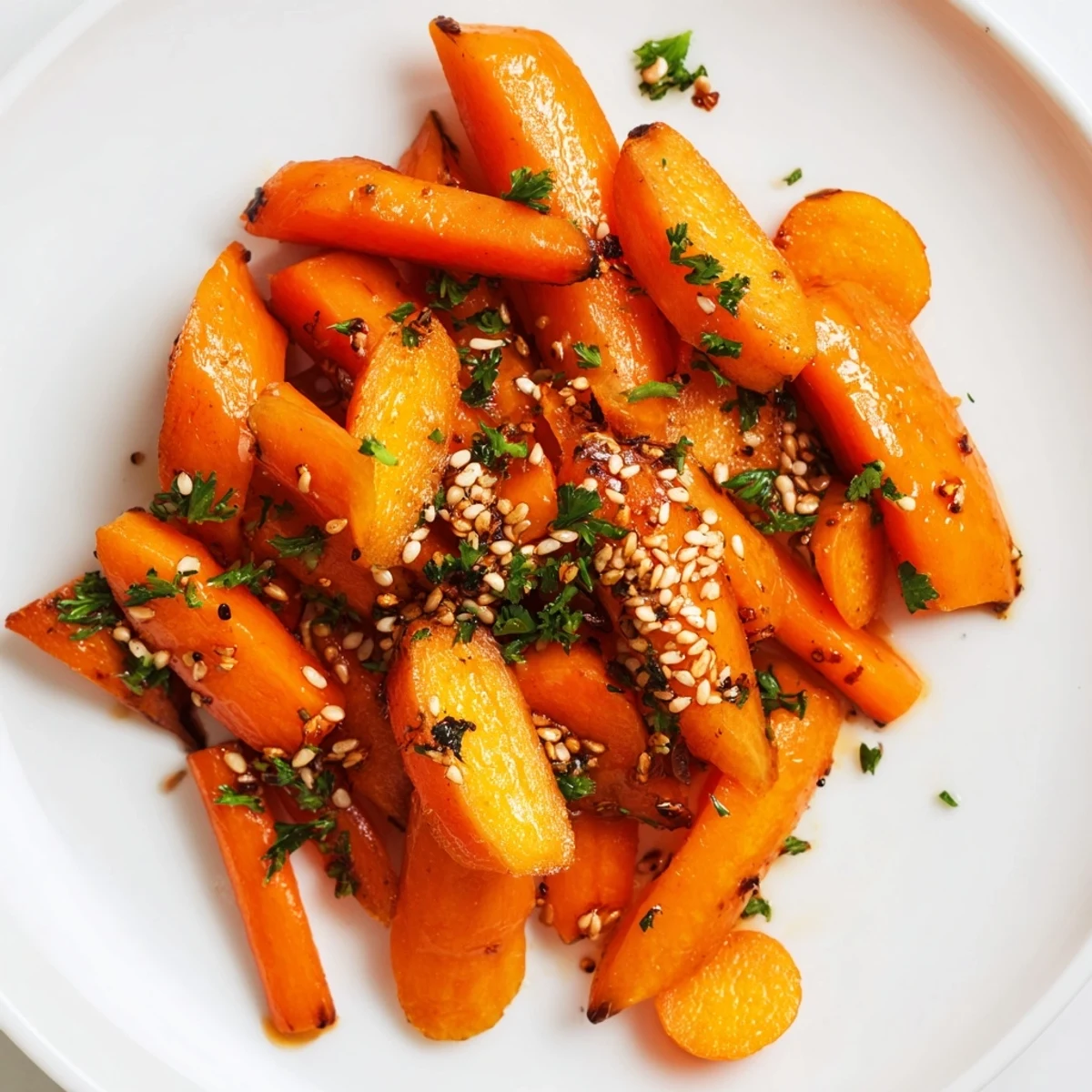 Bright orange roasted carrots with honey and cumin glaze arranged neatly on a white plate, topped with toasted sesame seeds for added texture.  