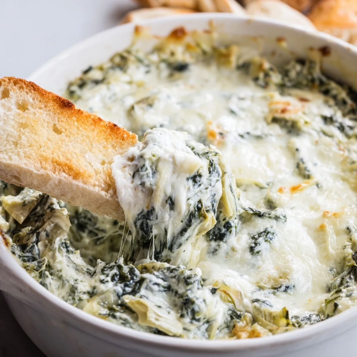 A cheesy, golden-brown baked spinach artichoke dip in a dish, garnished with green herbs, with baguette slices arranged around it.
