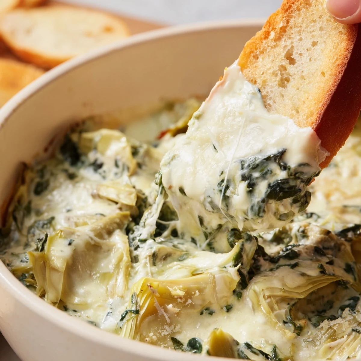 Rich and velvety warm spinach artichoke dip, baked until golden, served with crispy baguette slices for a perfect party appetizer.  
