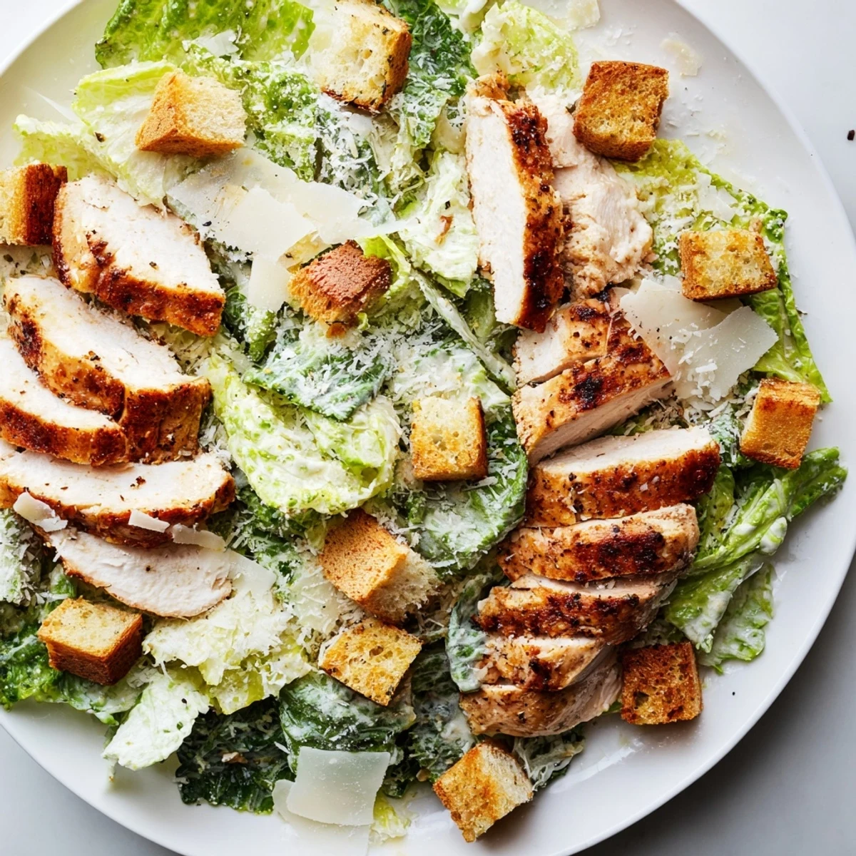 A satisfying plate of Chicken Caesar Salad with Homemade Croutons, featuring juicy grilled chicken, crisp romaine, and golden homemade croutons.  
