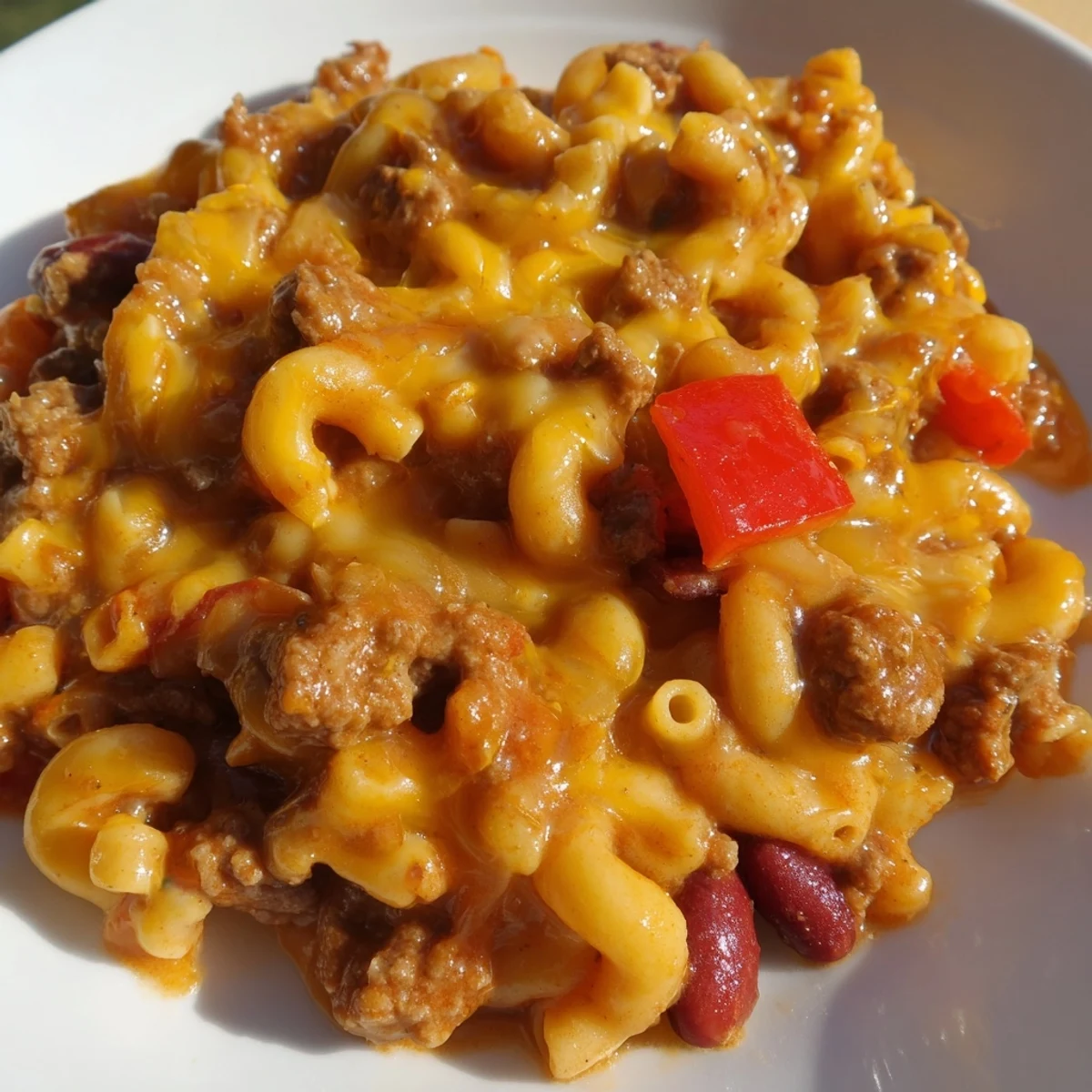 Creamy cheddar and savory ground beef simmer together in a hearty skillet of Beef Chili Mac and Cheese, topped with fresh cilantro.