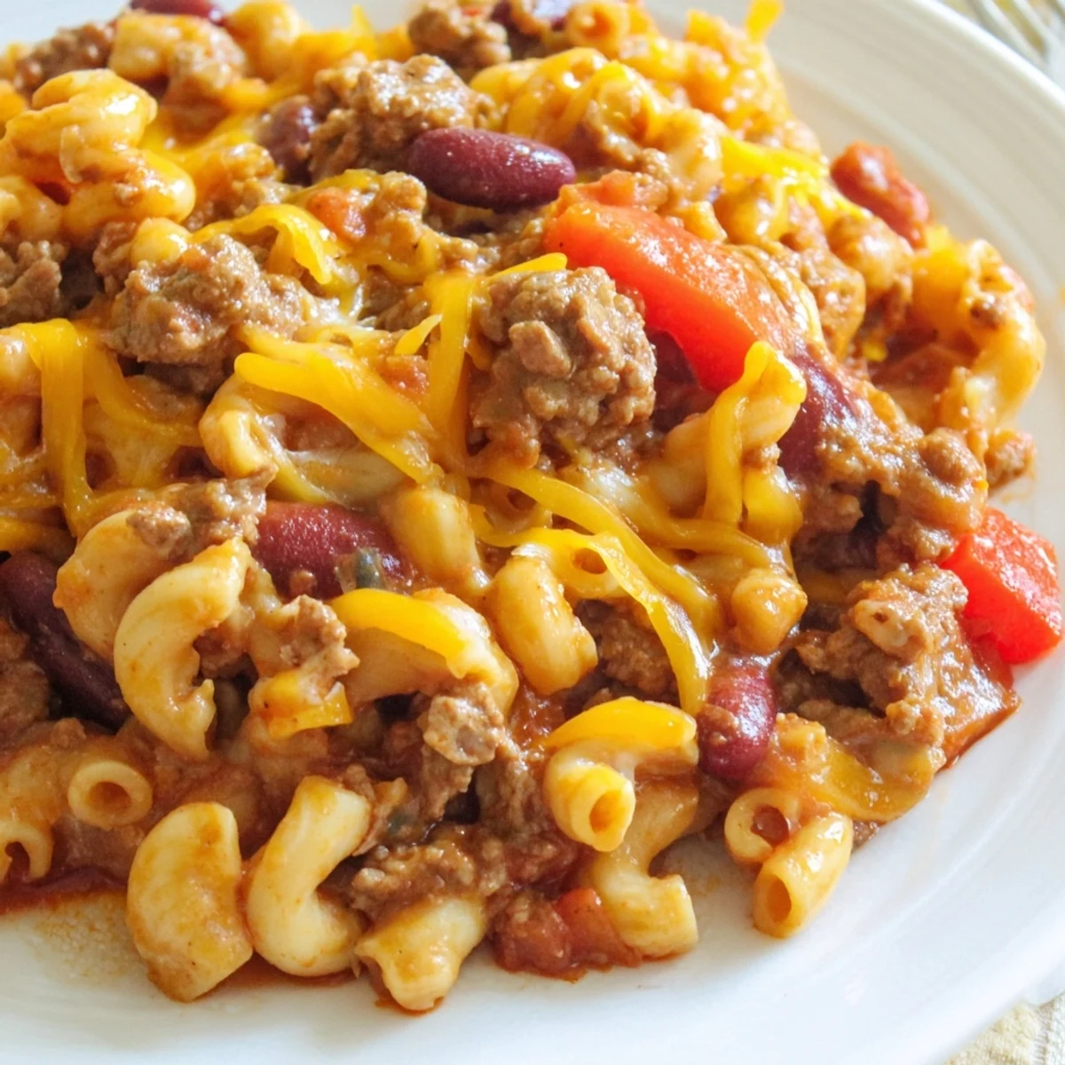 A bubbling pan of Beef Chili Mac and Cheese features tender macaroni, red beans, and melted cheese, perfect for a busy weeknight meal.