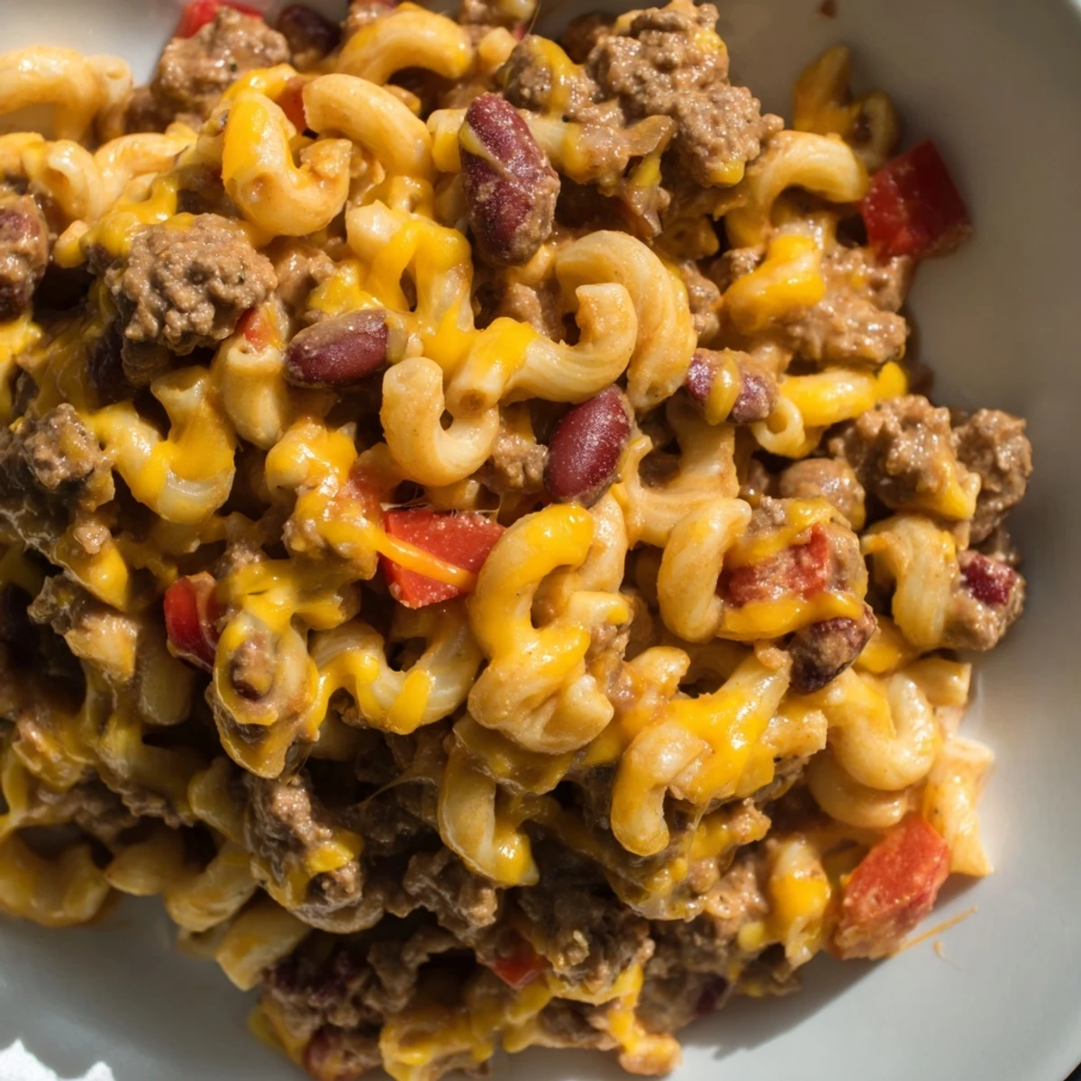 Golden melted cheddar blankets a rich, one-skillet Beef Chili Mac and Cheese with sautéed onions, peppers, and spices.