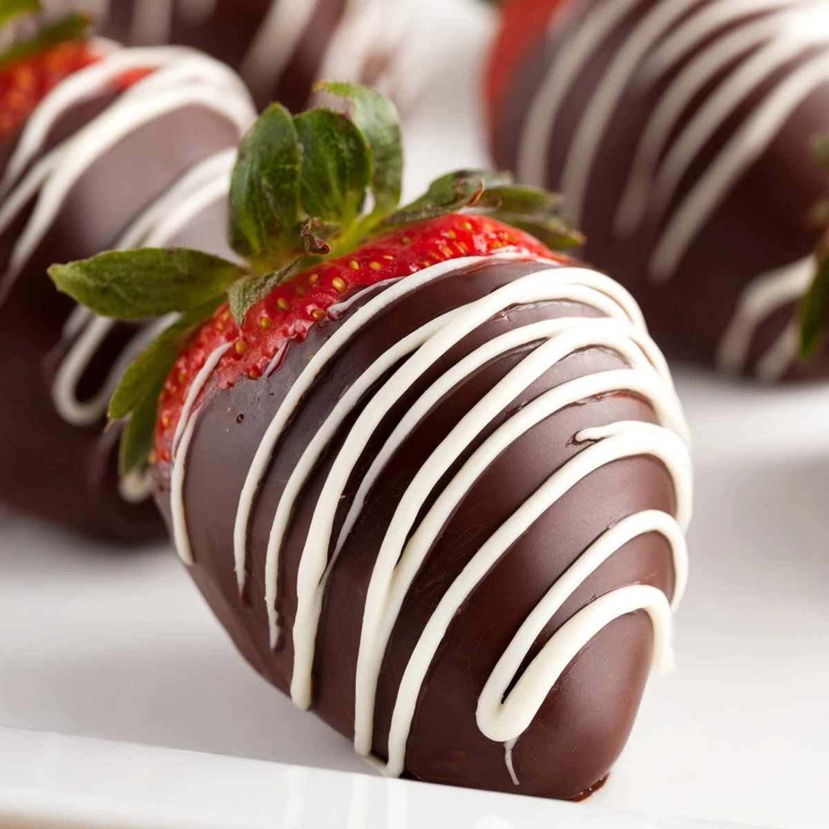 Freshly washed strawberries dipped in dark chocolate with white drizzle on a parchment-lined baking sheet.