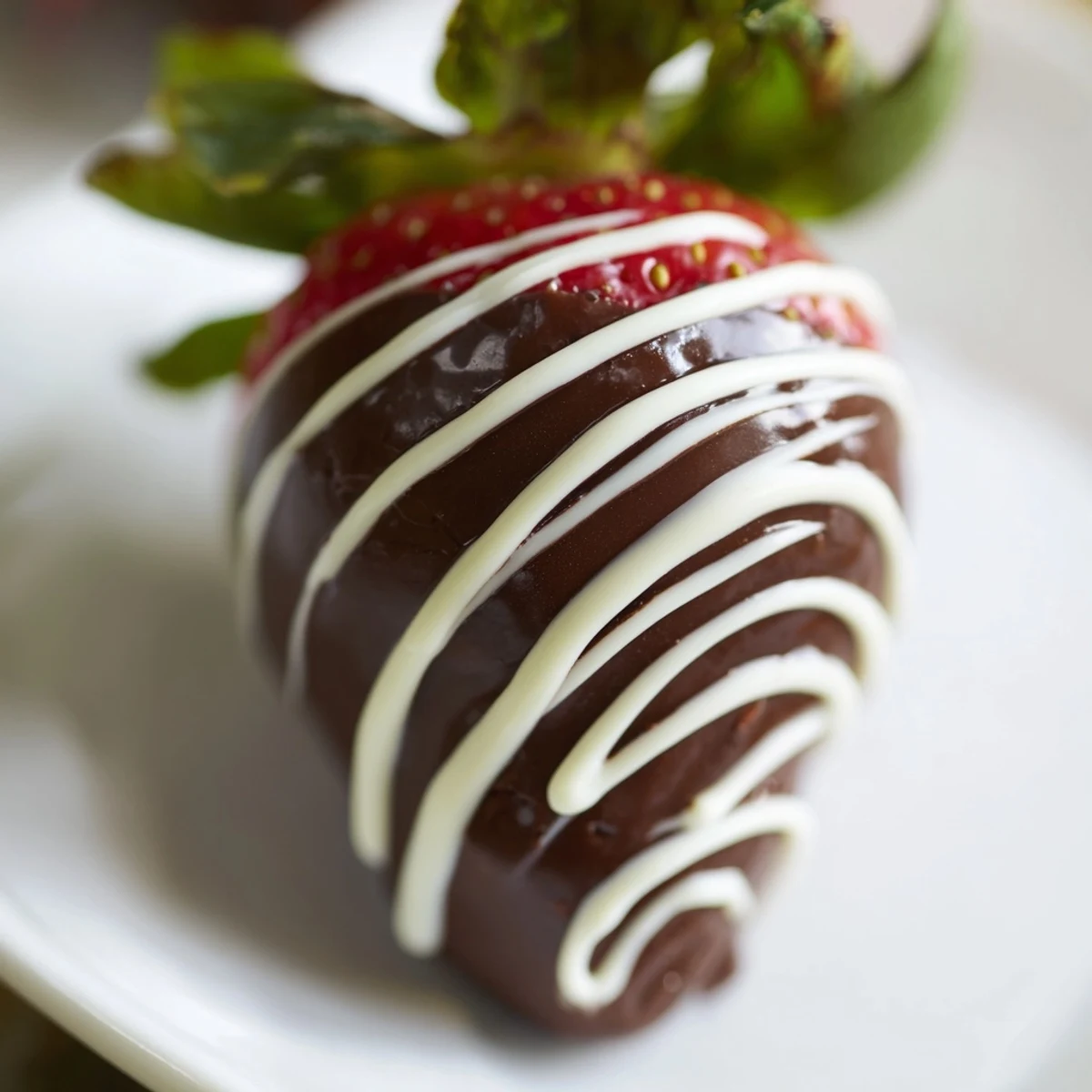 Gluten-free chocolate dipped strawberries with white drizzle and chopped pistachios on a white plate.