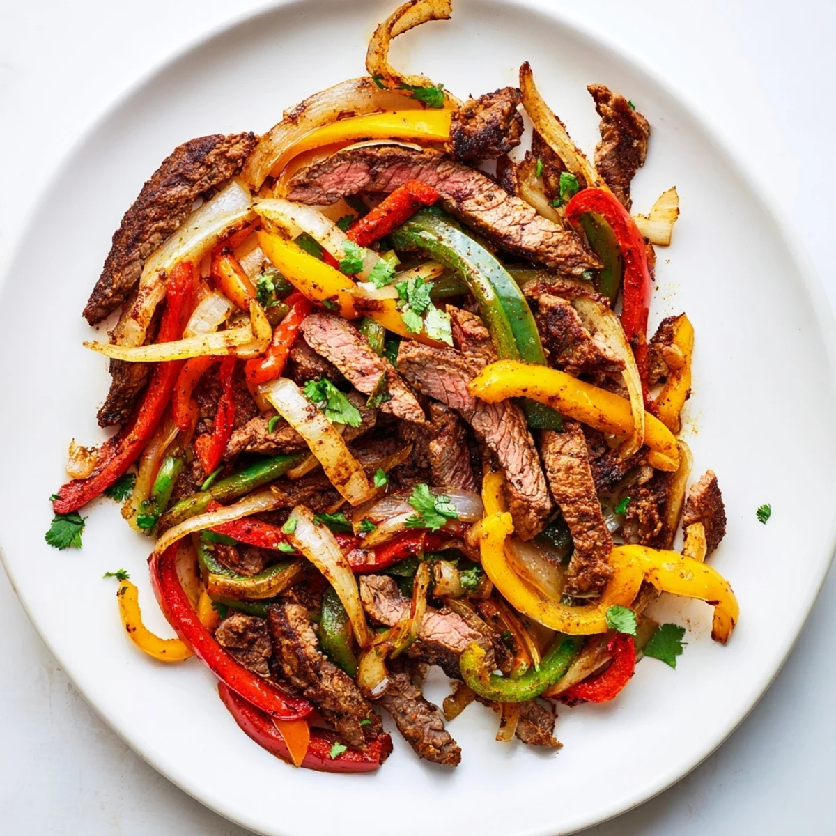 A close-up of Beef Fajita Skillet with colorful bell peppers and sizzling beef strips, garnished with fresh cilantro.