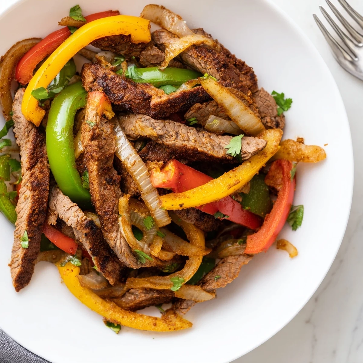 In a cast iron skillet, Beef Fajita Skillet with peppers and onions rests beside warm tortillas and lime wedges.