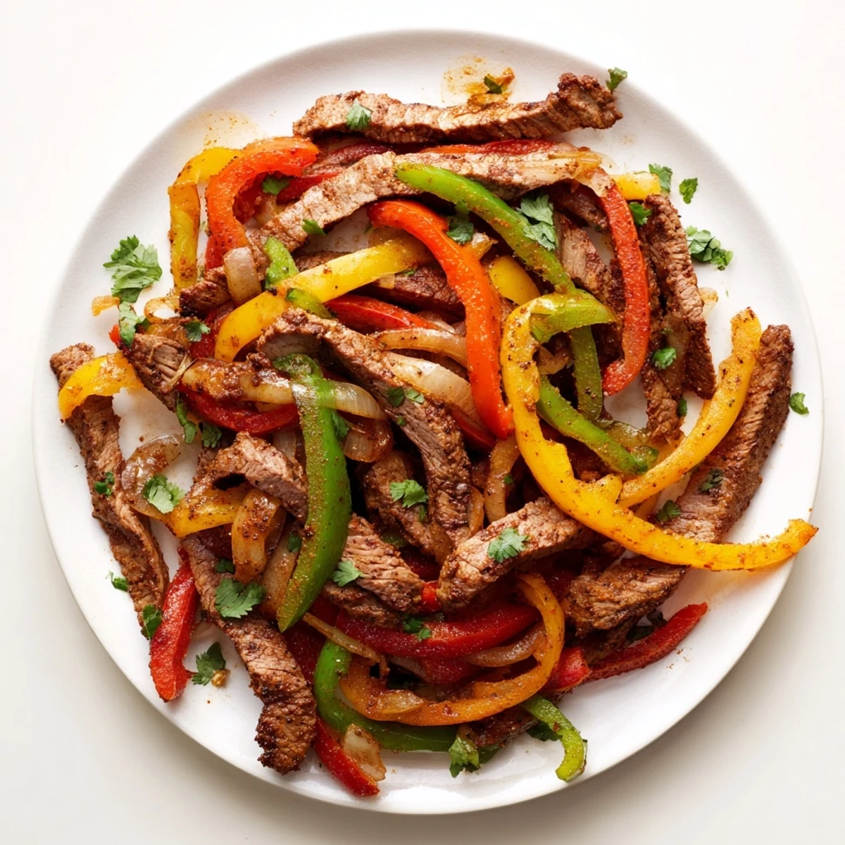 Steam rises from a sizzling Beef Fajita Skillet with tender beef, sautéed peppers, and a sprinkle of fresh cilantro.