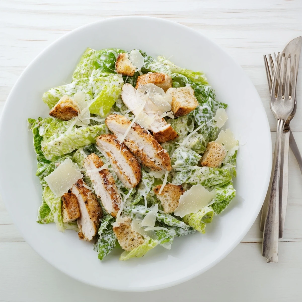 Golden grilled chicken slices rest atop a vibrant bed of crisp romaine lettuce in this Chicken Caesar Salad, finished with crunchy croutons and delicate shavings of Parmesan cheese.