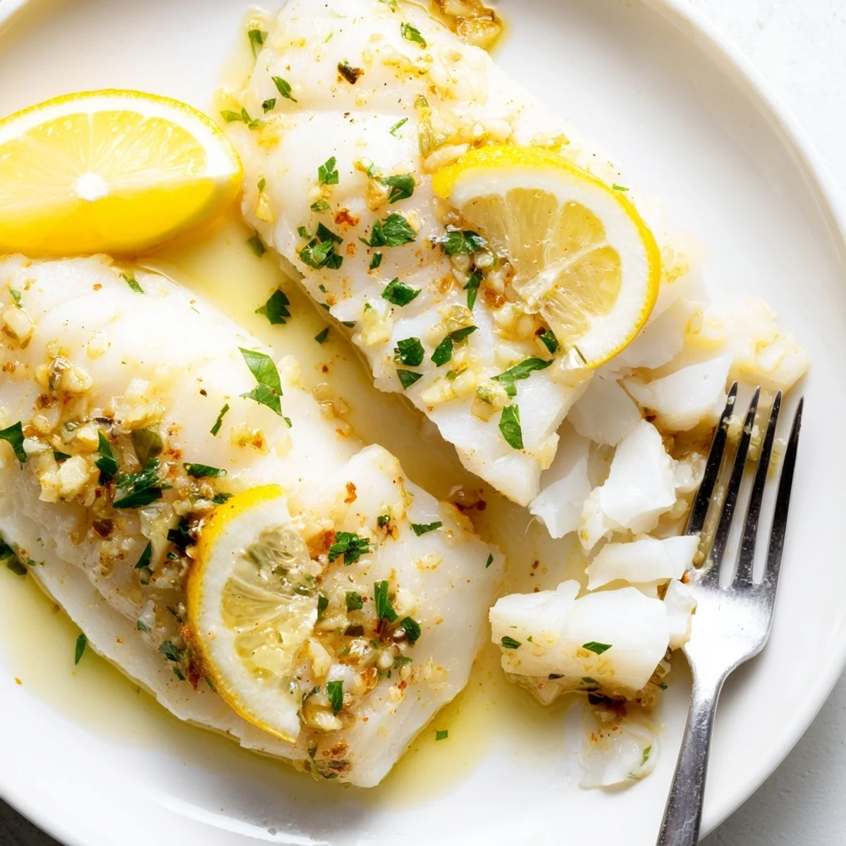 Golden baked cod fillets glistening with lemon butter sauce, garnished with fresh parsley and lemon slices on a white plate.