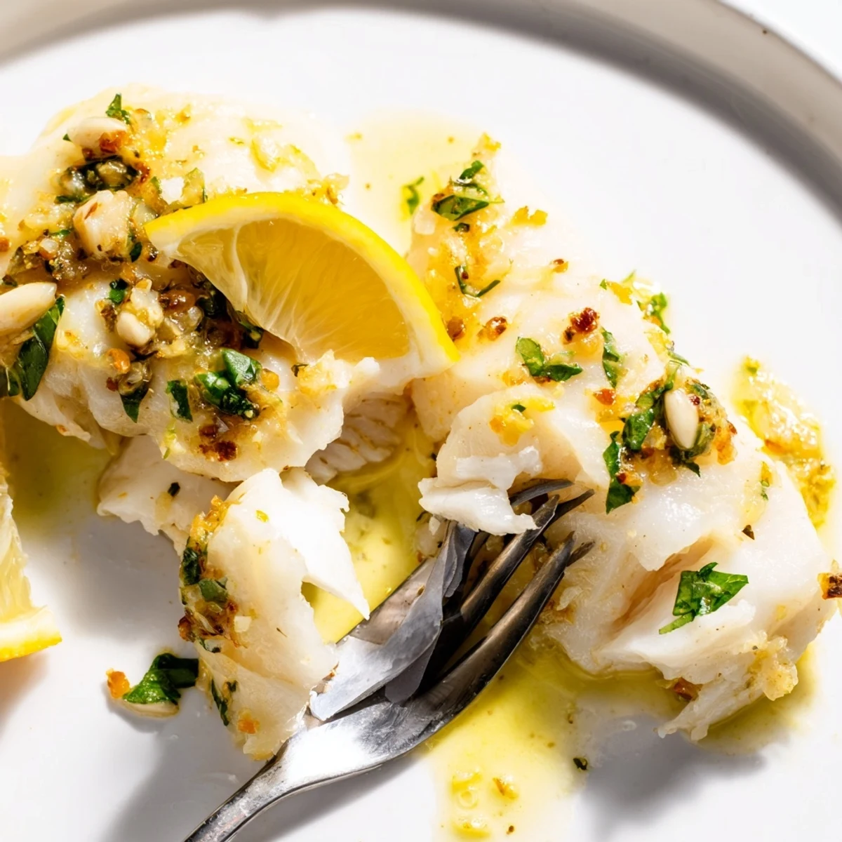 A close-up of flaky, tender cod fillets baked in zesty lemon butter, served alongside steamed green beans and rice.