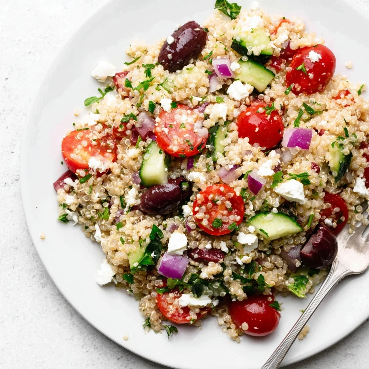 Mediterranean Quinoa Salad with Tomatoes served in a rustic ceramic bowl.
