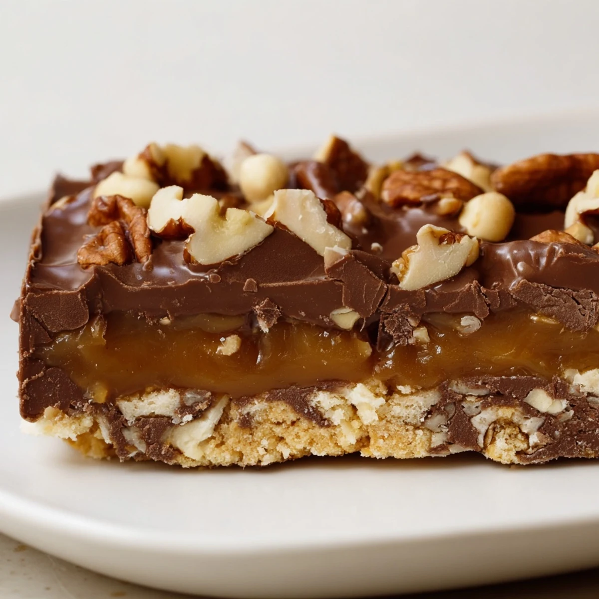 Warmly lit photo of homemade chocolate bars with caramel and nuts, featuring golden caramel dripping over crunchy pecans and almonds on a wooden board.