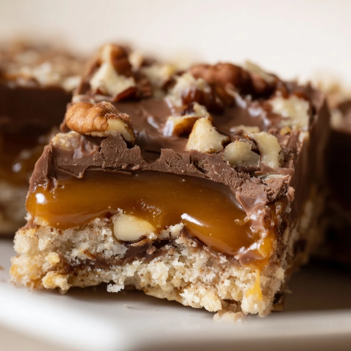 Close-up of rich chocolate bars with caramel and nuts, showing glossy dark chocolate topping cracked to reveal gooey caramel and toasted walnut pieces.