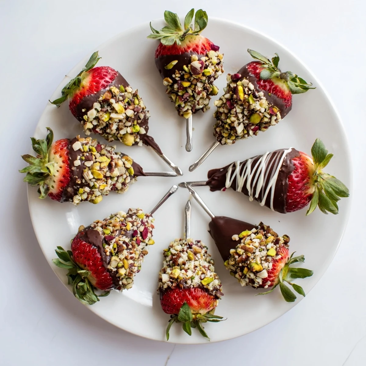 Glossy chocolate-dipped strawberries with nuts rest on parchment, showing juicy red fruit and crunchy toppings for an elegant dessert treat.