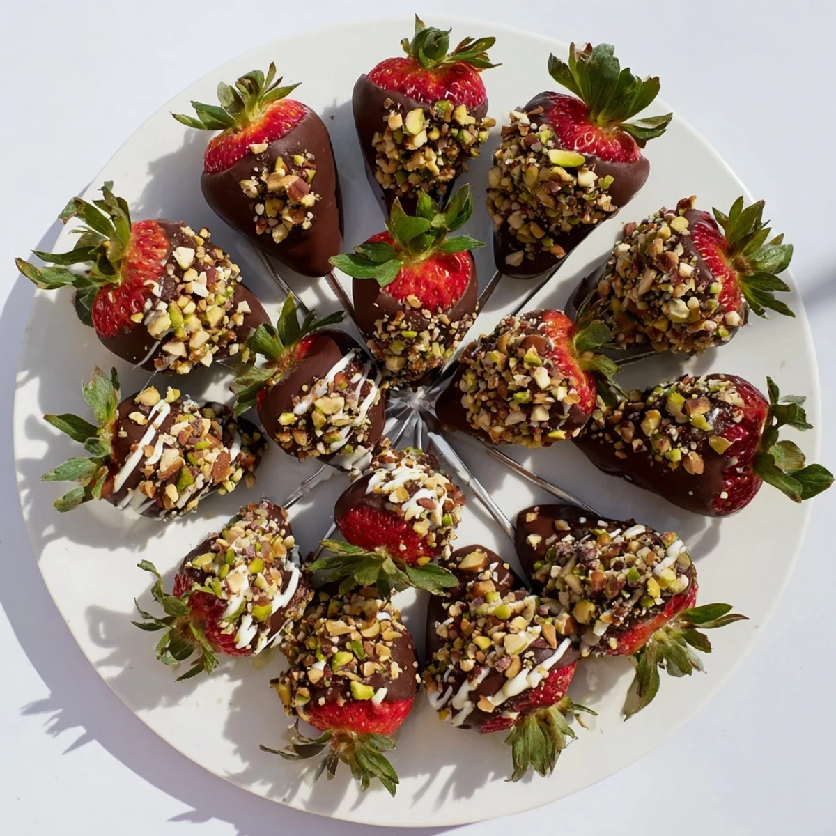 Close-up of chocolate-dipped strawberries with nuts, showcasing rich dark chocolate coating and finely chopped pistachios and almonds for texture.