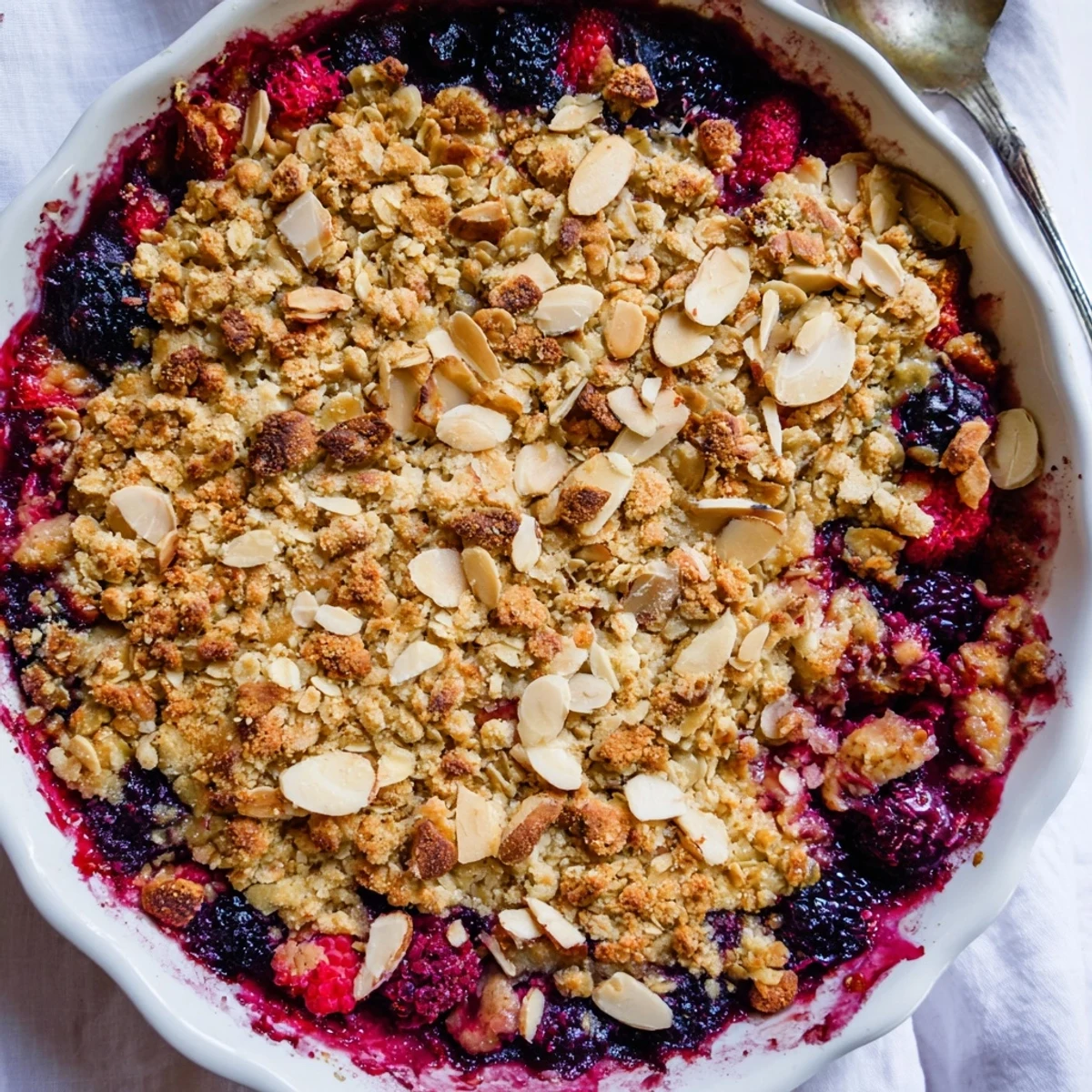 A spoonful of golden oat crumble topping on a warm Winter Berry Crumble with ice cream melting into the berries.