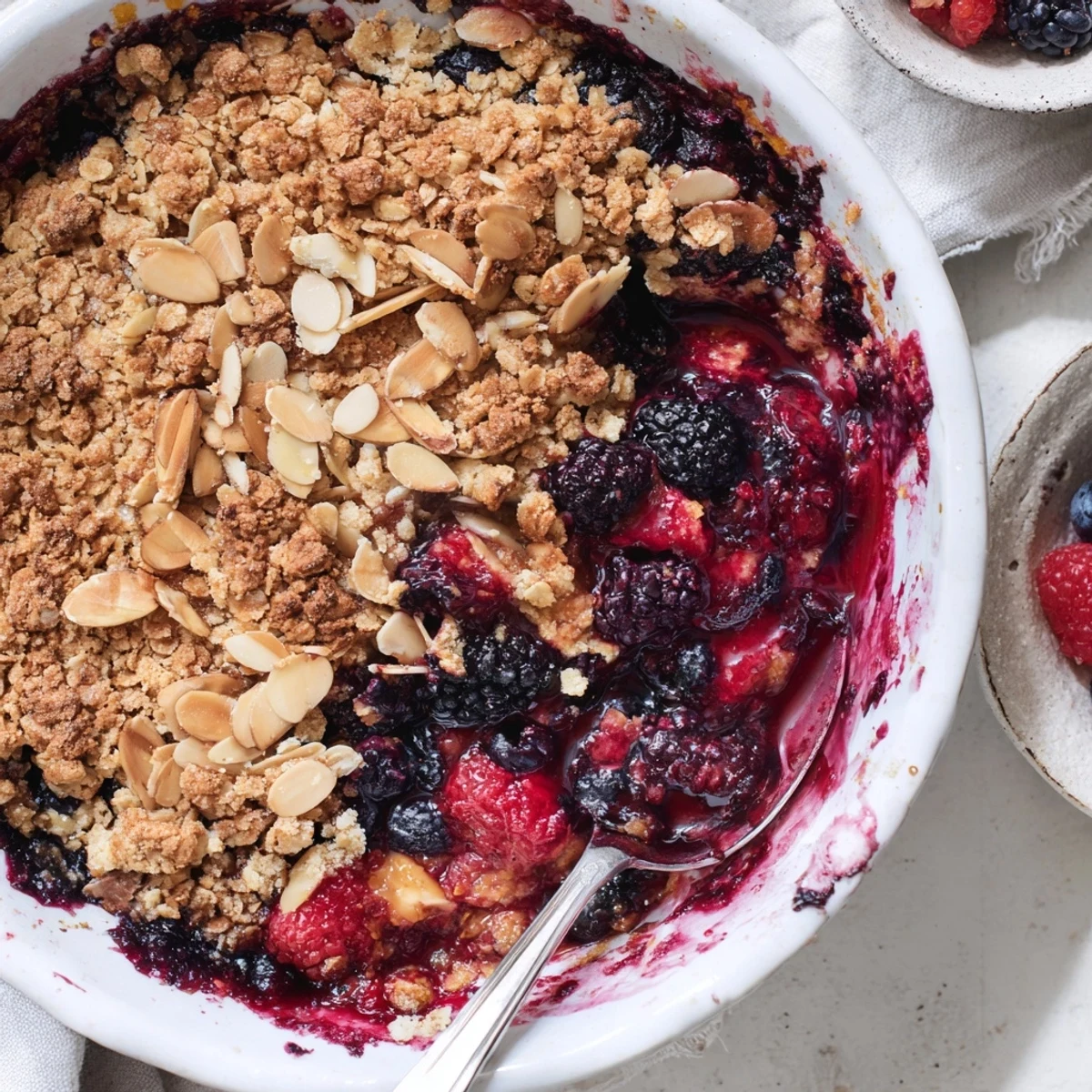A rustic baking dish holds homemade Winter Berry Crumble, ready to serve with a dusting of powdered sugar and tea.