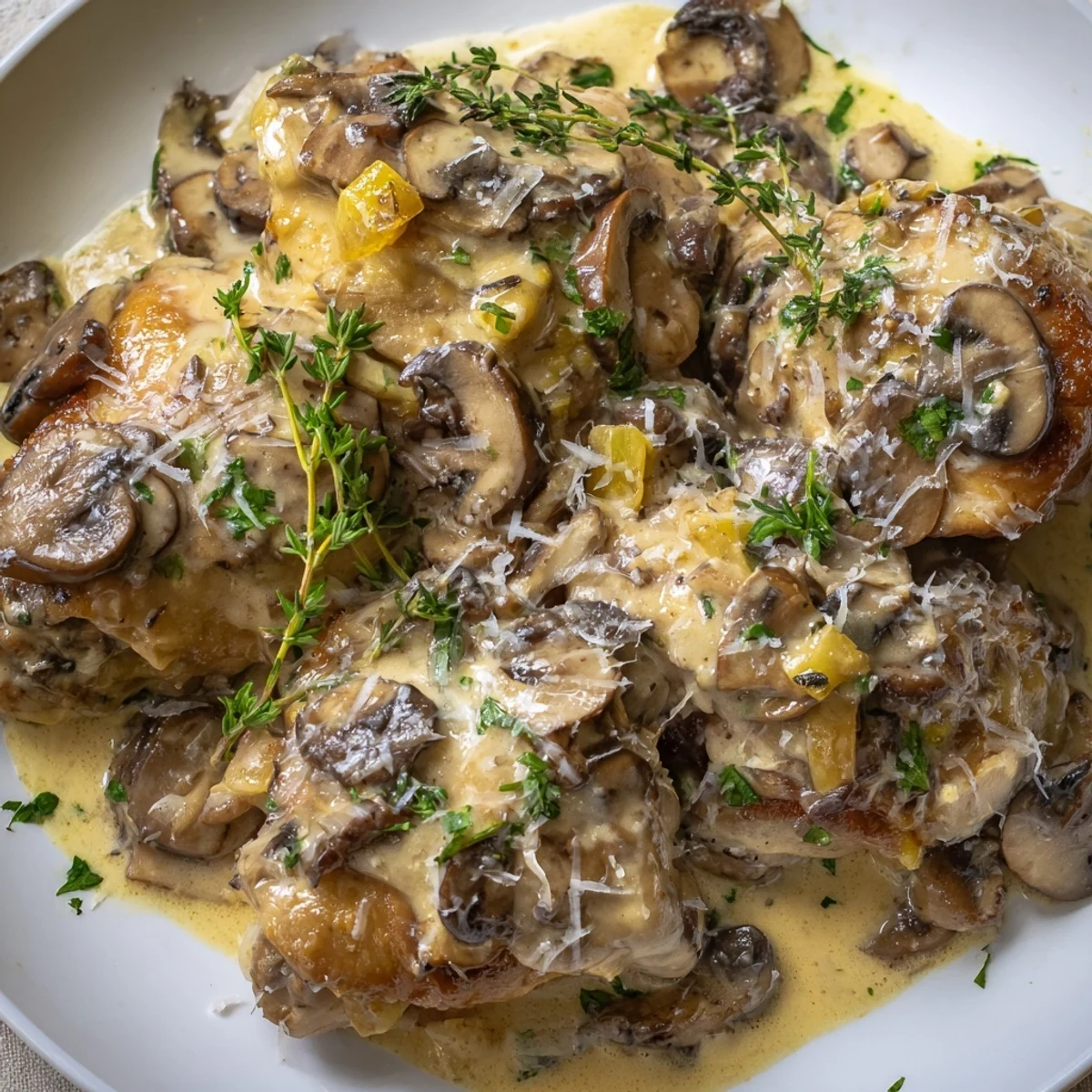Tender chicken thighs simmer in a creamy garlic mushroom sauce, garnished with fresh parsley for a comforting main dish.  