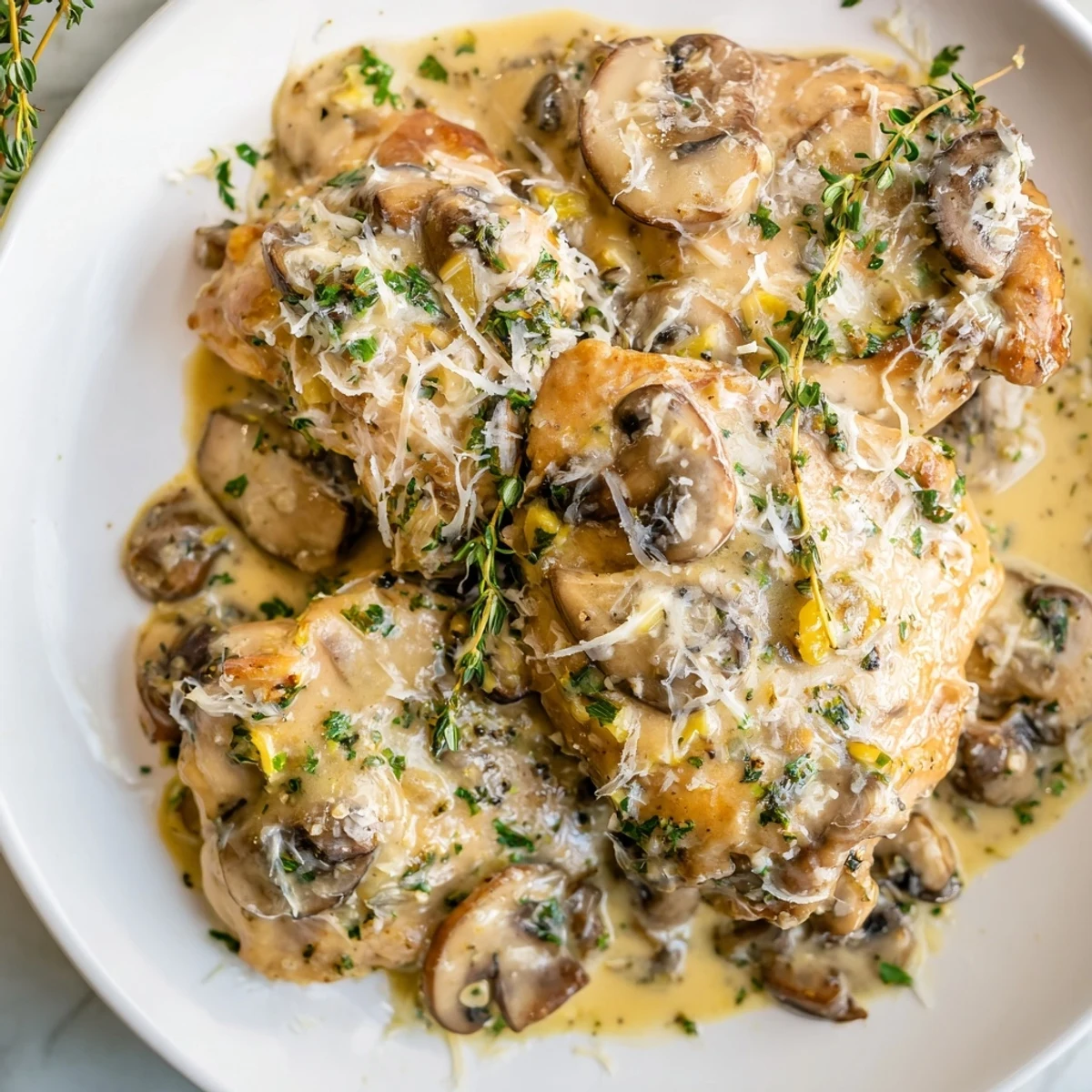 Golden seared chicken thighs bathed in a rich, creamy garlic and mushroom sauce, served over steamed mashed potatoes.  