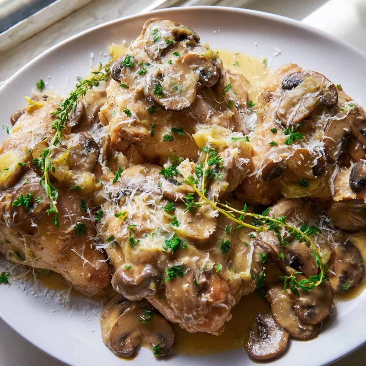 Savory Creamy Garlic Mushroom Chicken Thighs, featuring tender meat and a velvety sauce ready for a weeknight dinner.