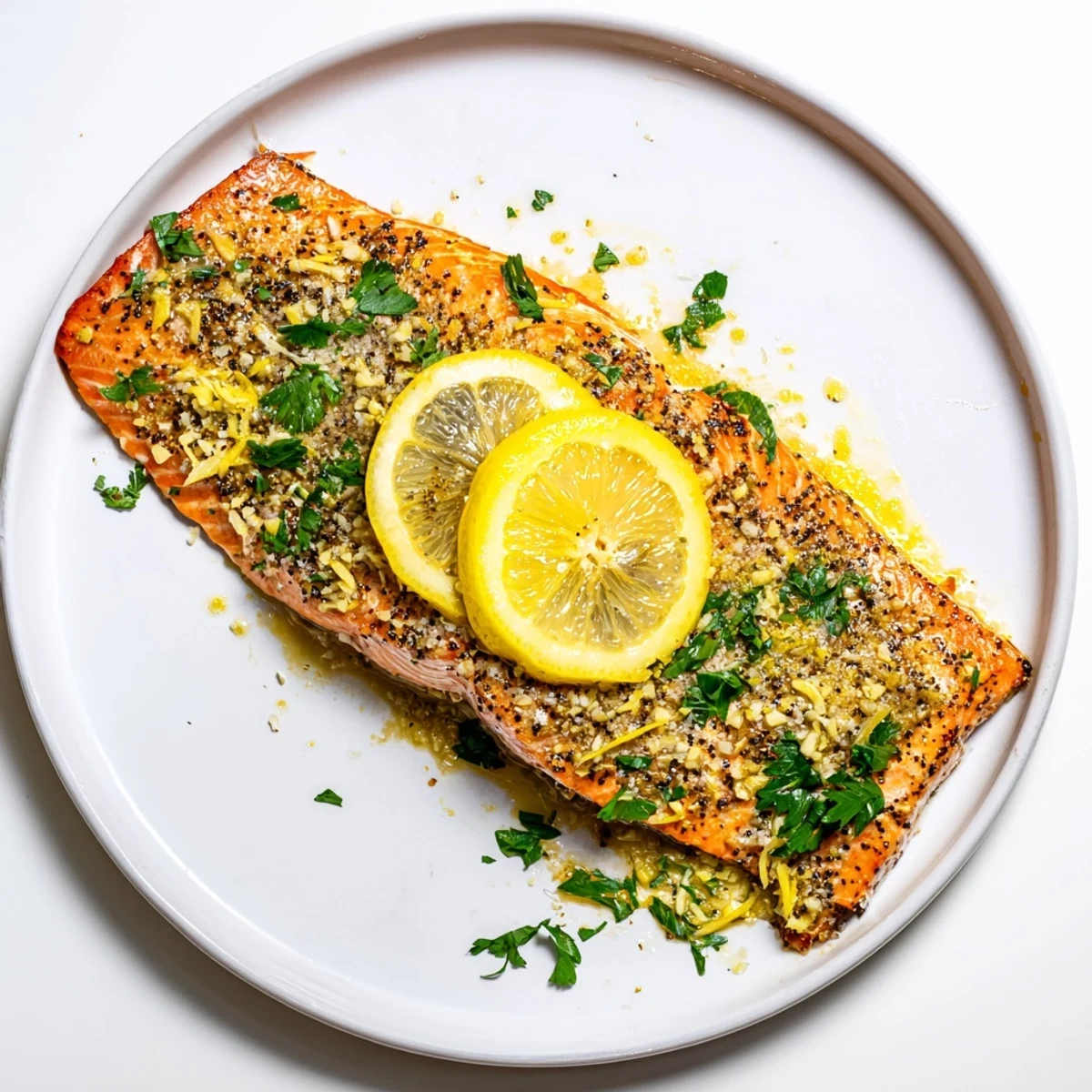 Perfectly baked salmon fillets topped with bright lemon slices, glistening with olive oil and seasoned with cracked black pepper.