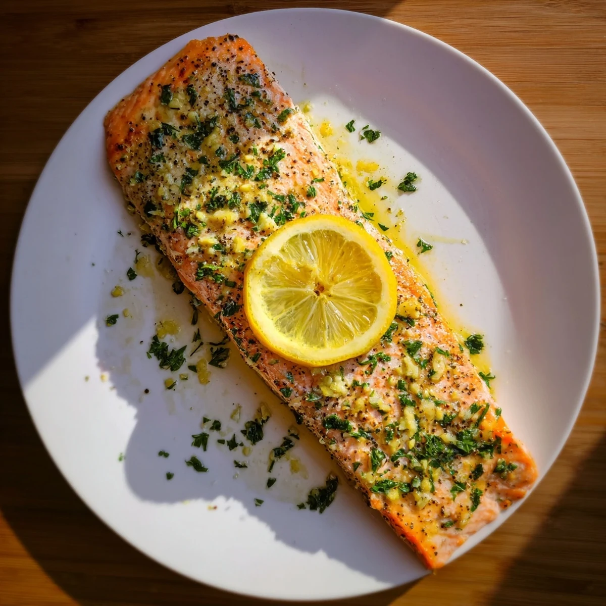Flaky, tender Baked Salmon with Lemon Pepper rests on a plate beside vibrant green salad and fluffy white rice.