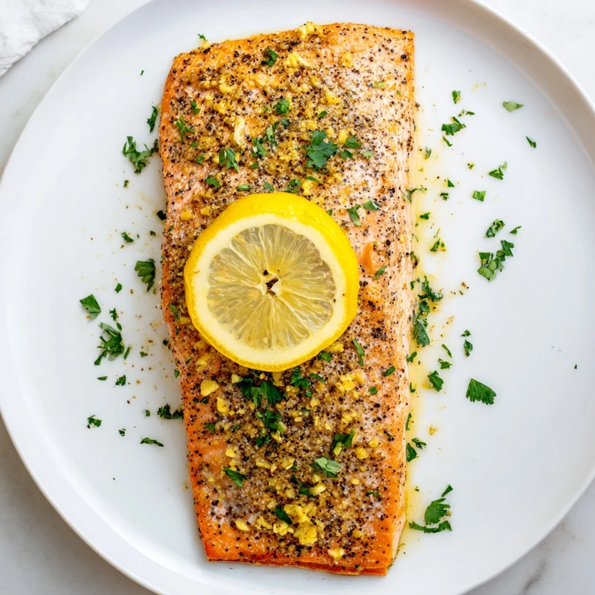 Golden-brown, juicy Baked Salmon with Lemon Pepper garnished with fresh parsley, ready for a delicious and healthy weeknight dinner.