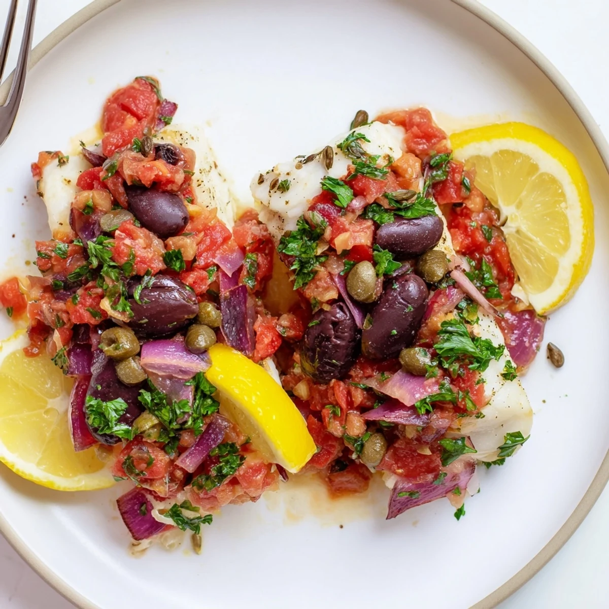 Flaky baked cod fillets topped with a vibrant tomato and olive salsa, ready to serve hot.