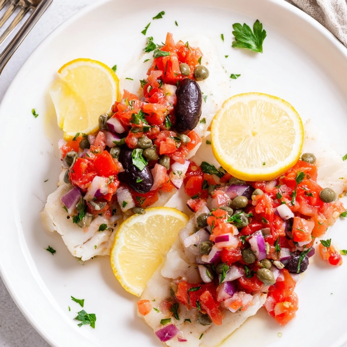 Savory baked cod with tomato and olive salsa plated with lemon slices and fresh parsley.