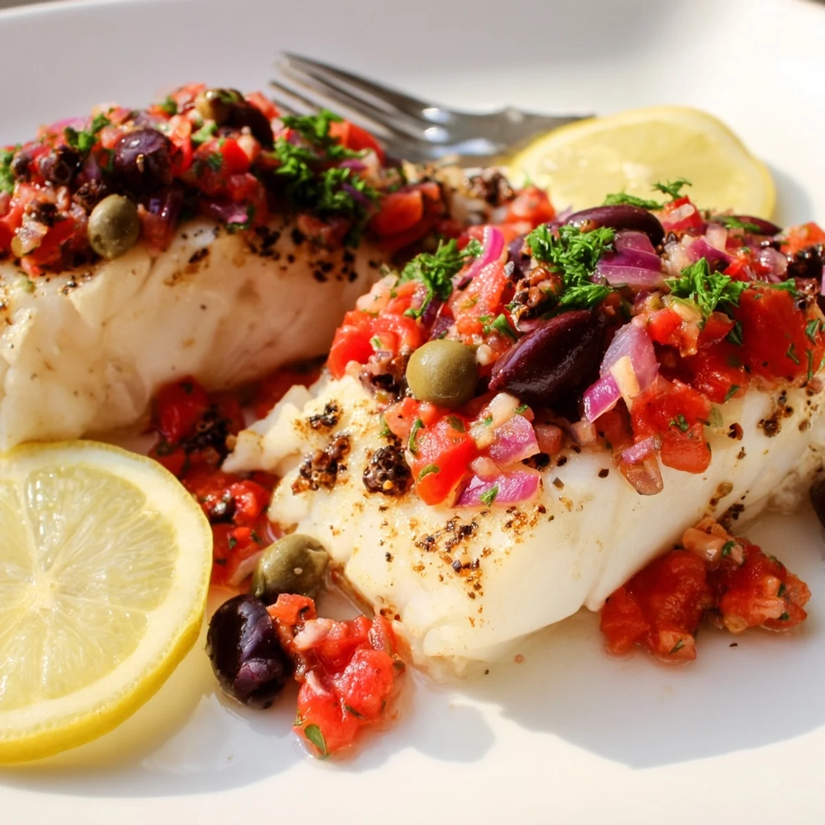 Mediterranean baked cod with tomato and olive salsa served alongside a crisp green salad.