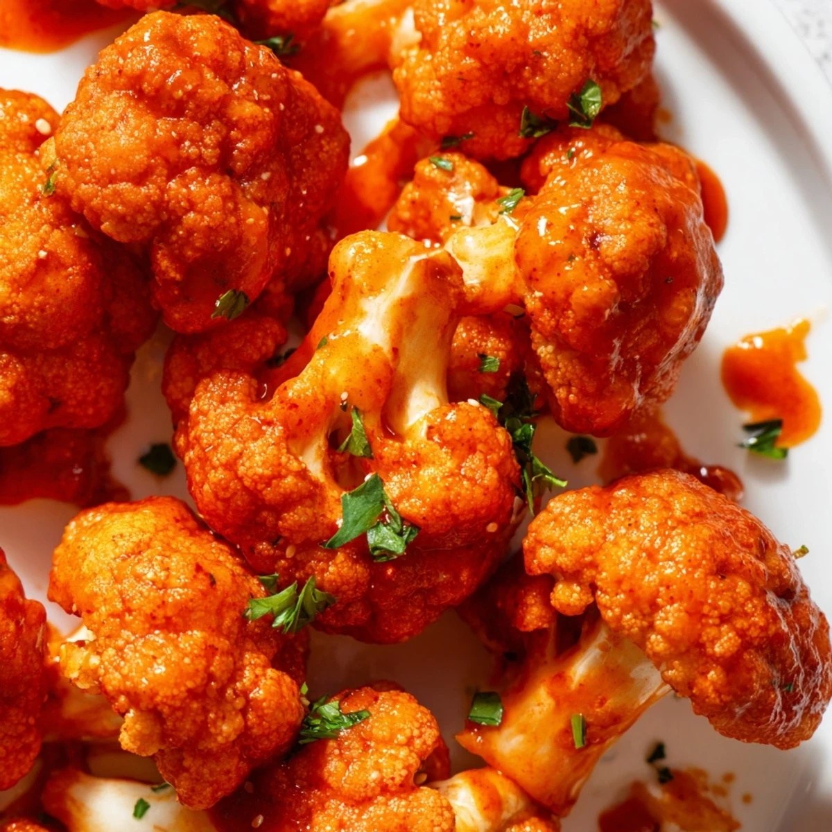 Crispy, oven-baked Spicy Buffalo Cauliflower Bites glistening with tangy red sauce, served with creamy ranch dip.  