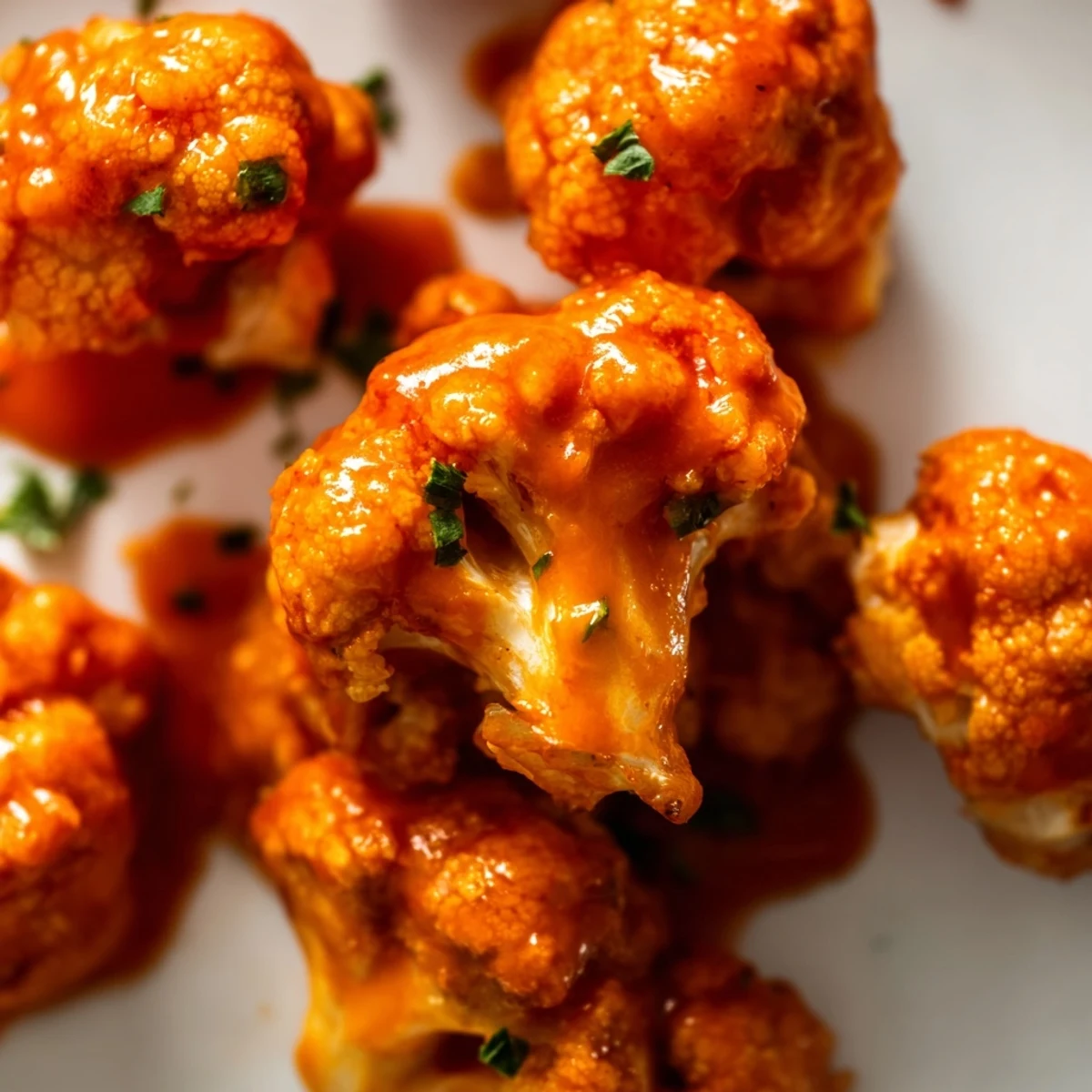 Freshly baked Spicy Buffalo Cauliflower Bites tossed in spicy buffalo sauce, ready for a vegetarian game day snack.