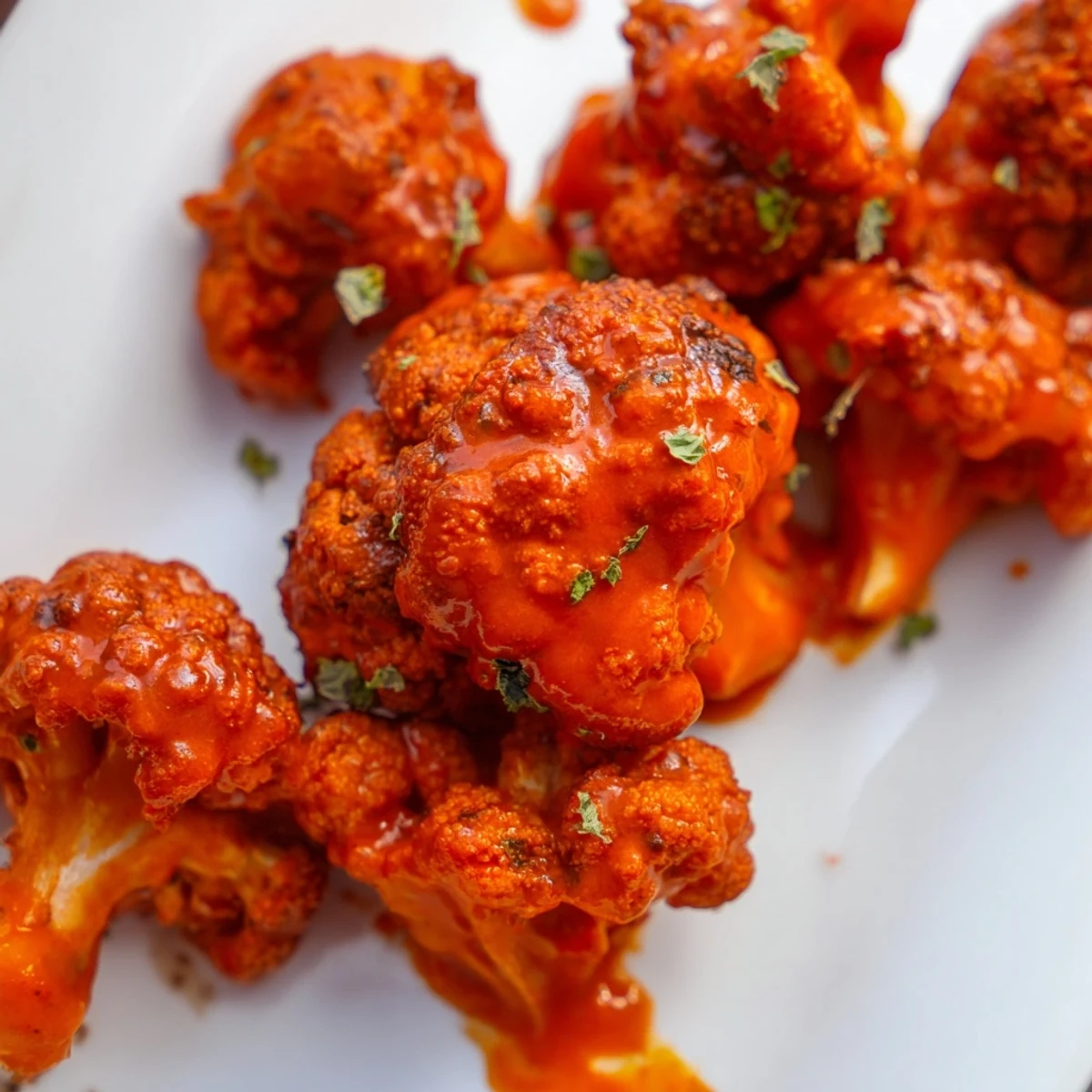 Golden-brown Spicy Buffalo Cauliflower Bites arranged on a platter with fresh celery sticks and chive garnish.  